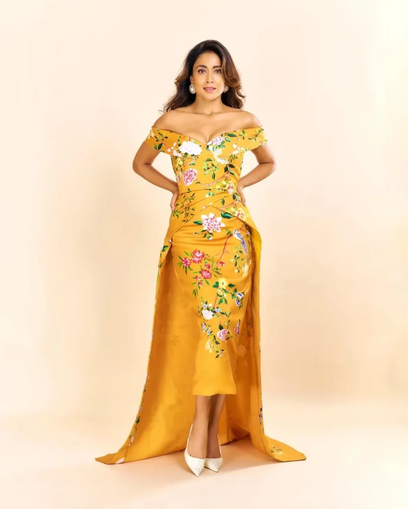 Shriya Saran Glows in Yellow Floral Ensemble Shriya Saran Glows in Yellow Floral Ensemble