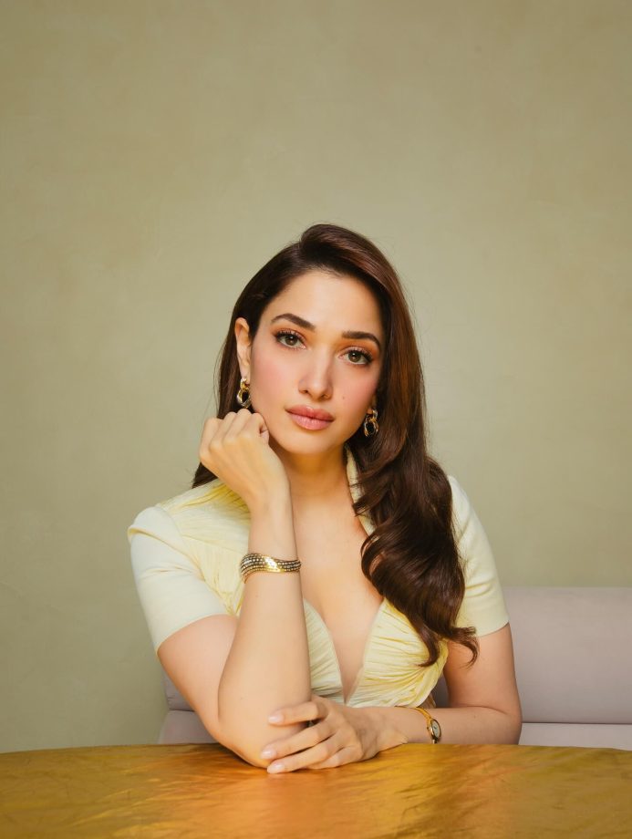 Tamannaah Bhatia Shines in Cream-Yellow Midi Dress